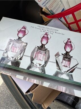 Crystal Rose Perfume Bottle Set with Mirror Tray - Pink